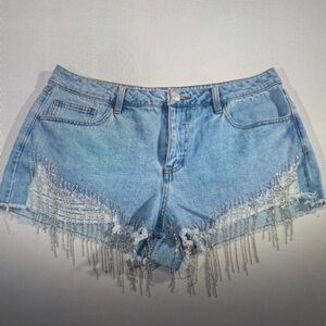 Forever 21 Women's Distressed Rhinestone-Fringe Denim Short Shorts Size 31 NWT